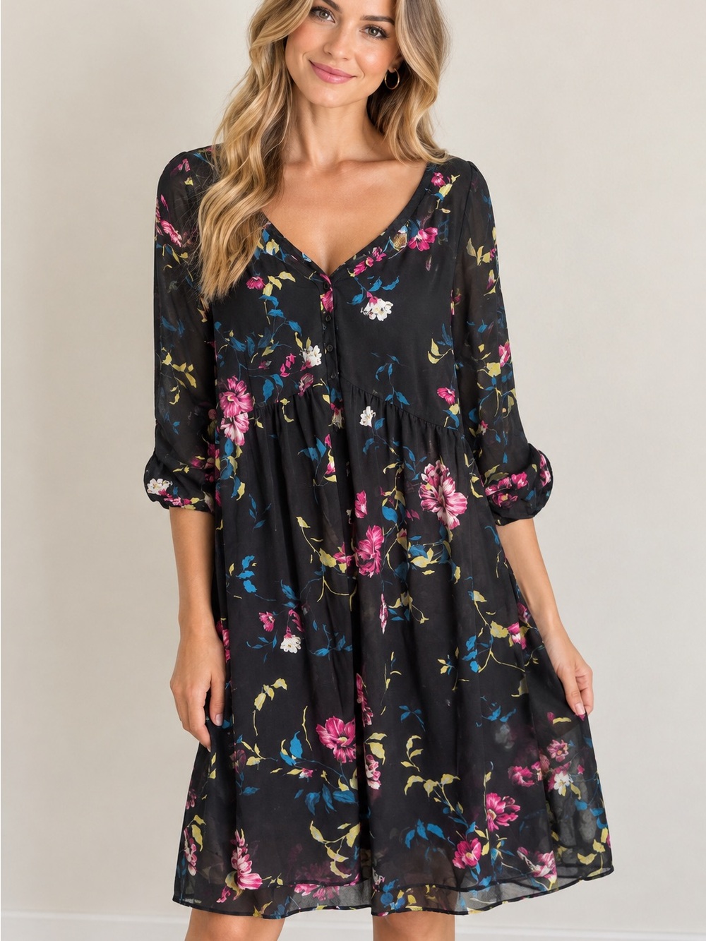 torrid Black Floral Button-Front V-Neck Dress